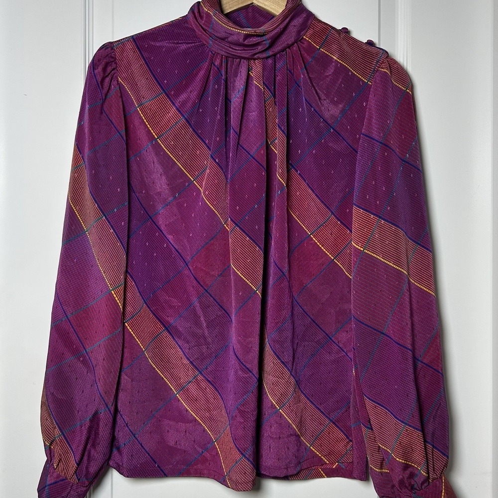 Gailord Vintage 80s Magenta Plaid Cowl Neck Blouse Disco Maximalist‎ Artsy Style